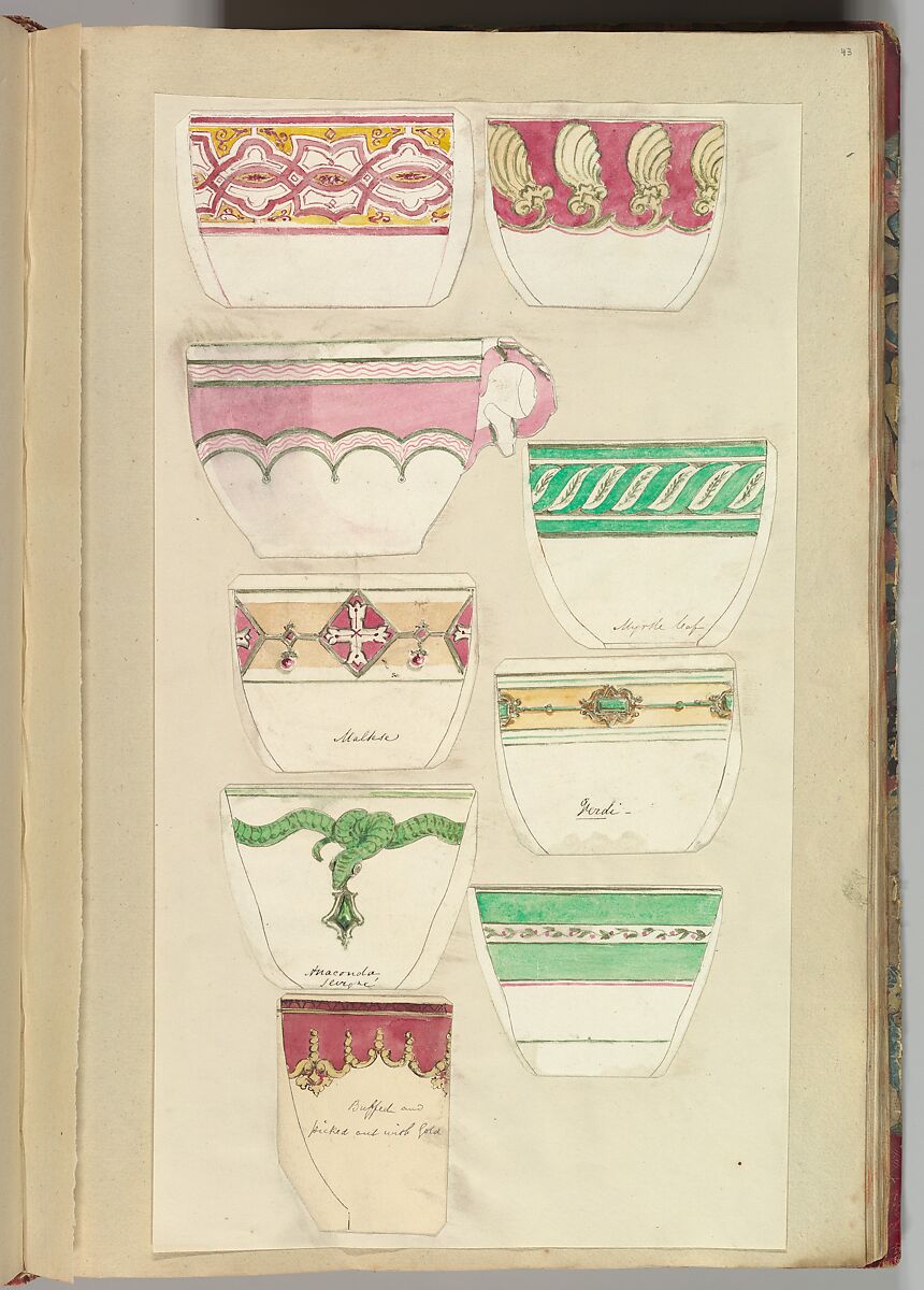 Nine Designs for Decorated Cups, Alfred Henry Forrester [Alfred Crowquill] (British, London 1804–1872 London), Pen and ink, watercolor 