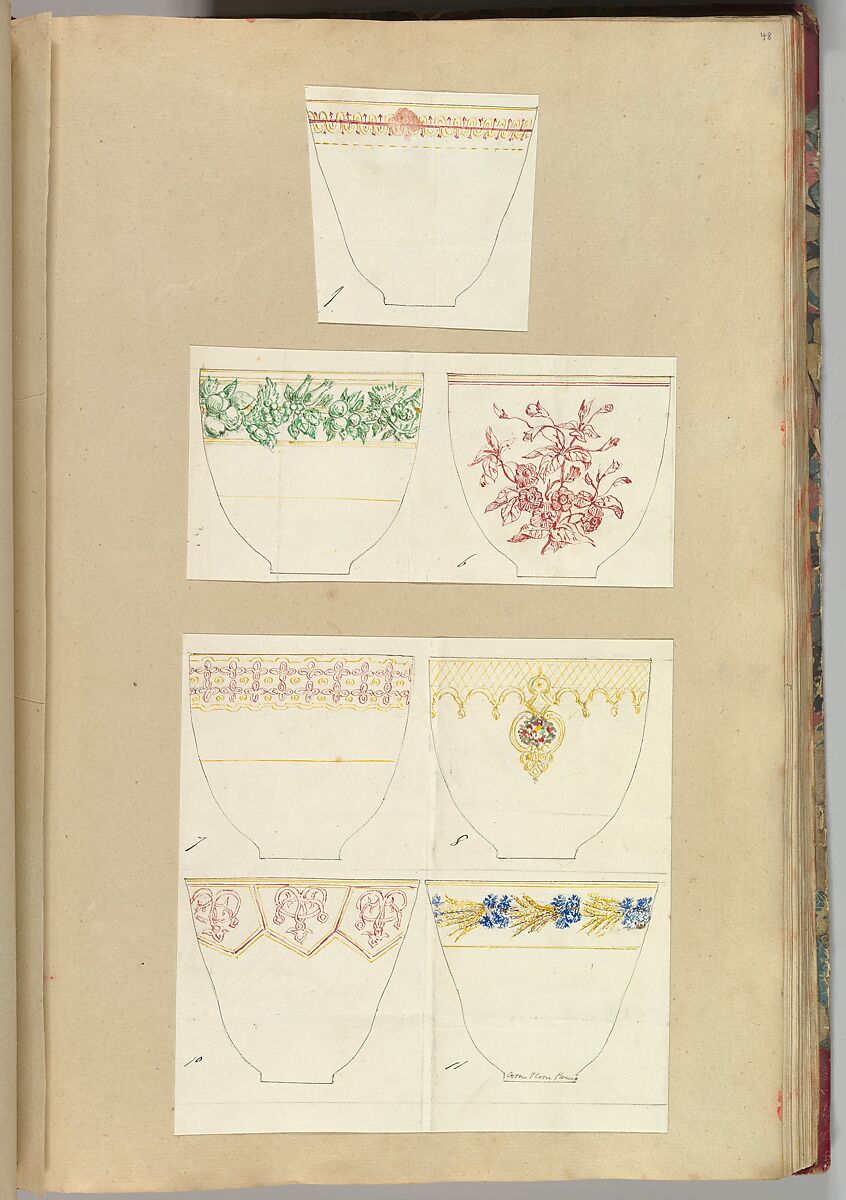 Seven Designs for Decorated Cups, Alfred Henry Forrester [Alfred Crowquill] (British, London 1804–1872 London), Pen and ink, watercolor 
