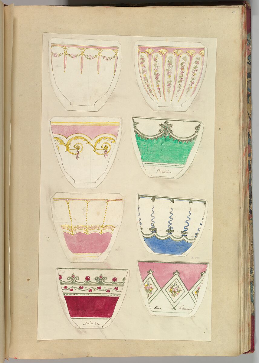 Eight Designs for Decorated Cups, Alfred Henry Forrester [Alfred Crowquill] (British, London 1804–1872 London), Pen and ink, watercolor 