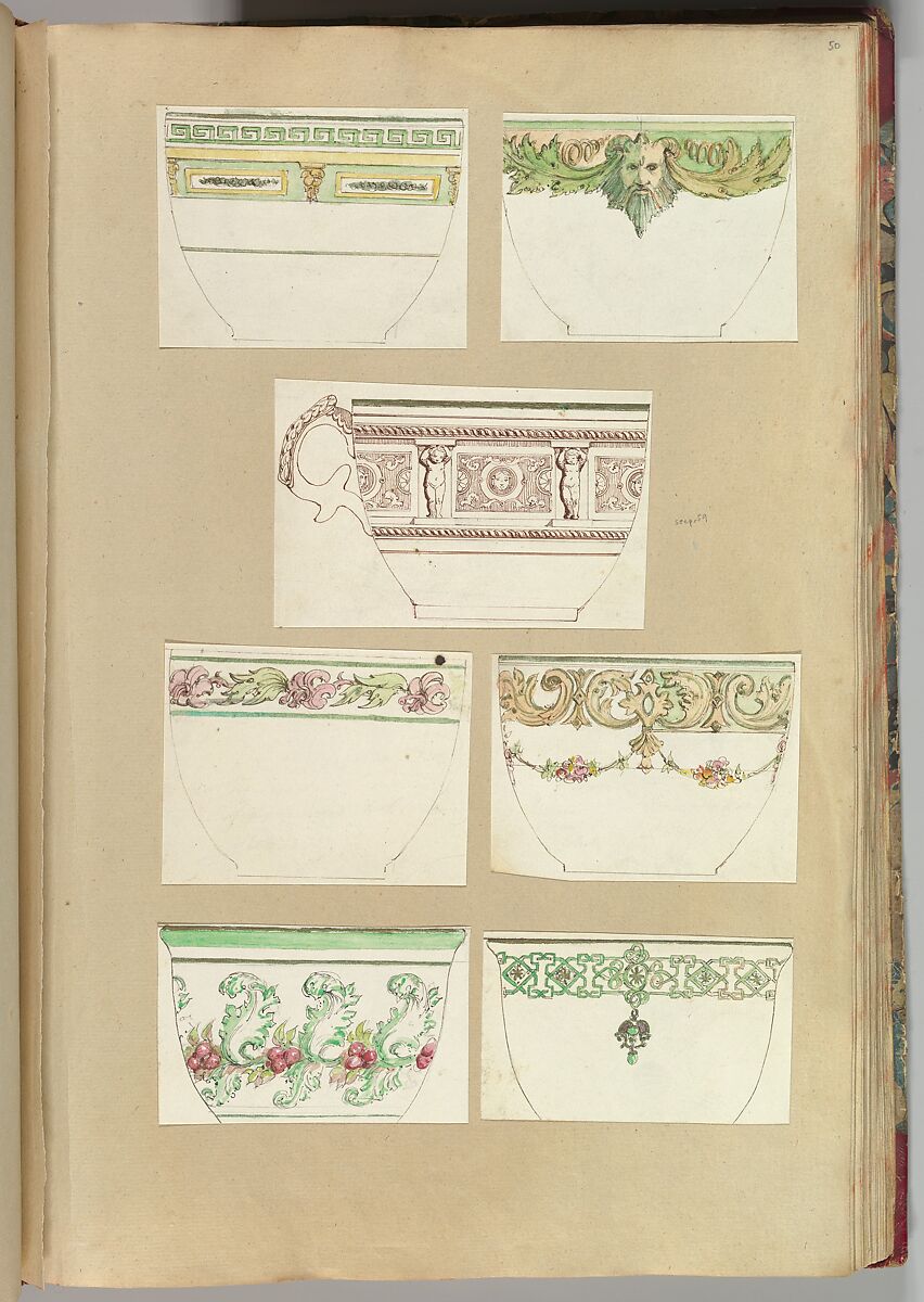 Seven Designs for Decorated Cups, Alfred Henry Forrester [Alfred Crowquill] (British, London 1804–1872 London), Pen and ink, watercolor 