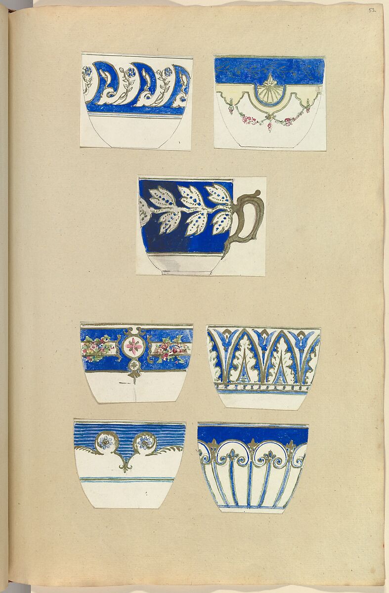 Seven Designs for Decorated Cups, Alfred Henry Forrester [Alfred Crowquill] (British, London 1804–1872 London), Pen and ink, watercolor 