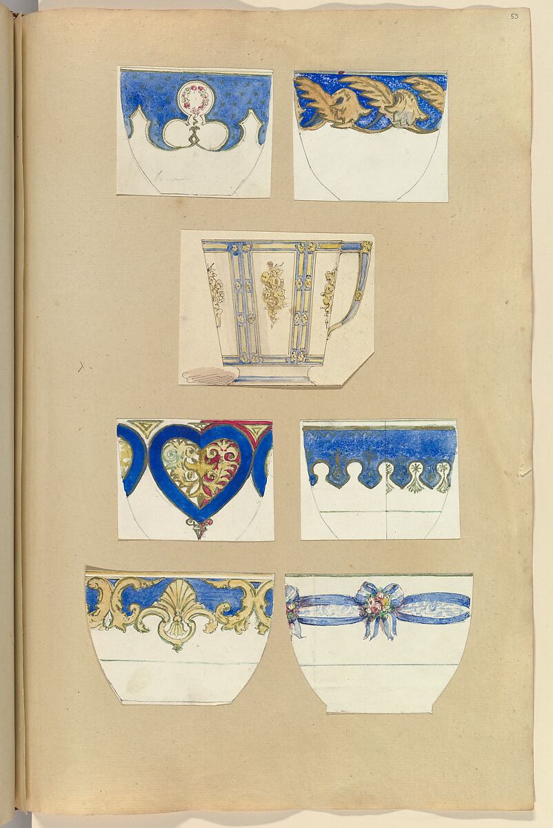 Seven Designs for Decorated Cups, Alfred Henry Forrester [Alfred Crowquill] (British, London 1804–1872 London), Pen and ink, watercolor 