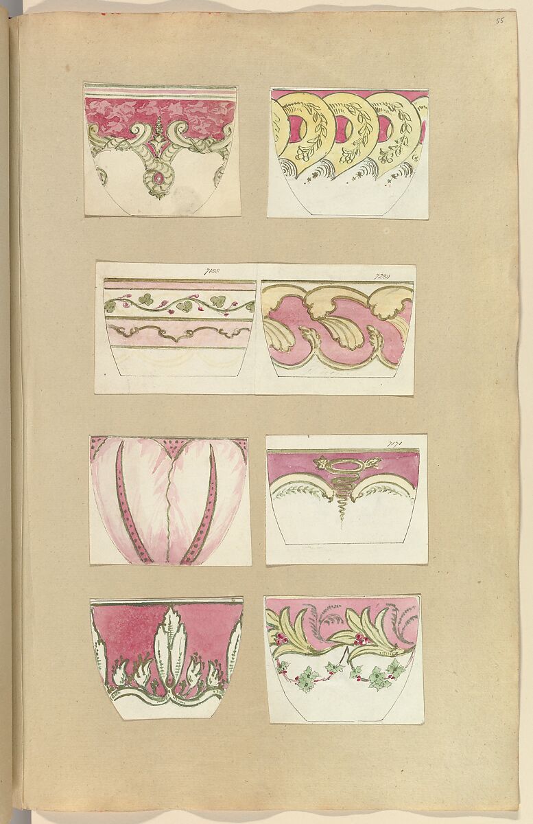 Eight Designs for Decorated Cups, Alfred Henry Forrester [Alfred Crowquill] (British, London 1804–1872 London), Pen and ink, watercolor 