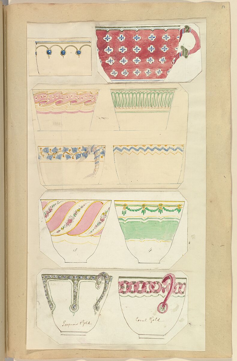 Ten Designs for Decorated Cups, Alfred Henry Forrester [Alfred Crowquill] (British, London 1804–1872 London), Pen and ink, watercolor 