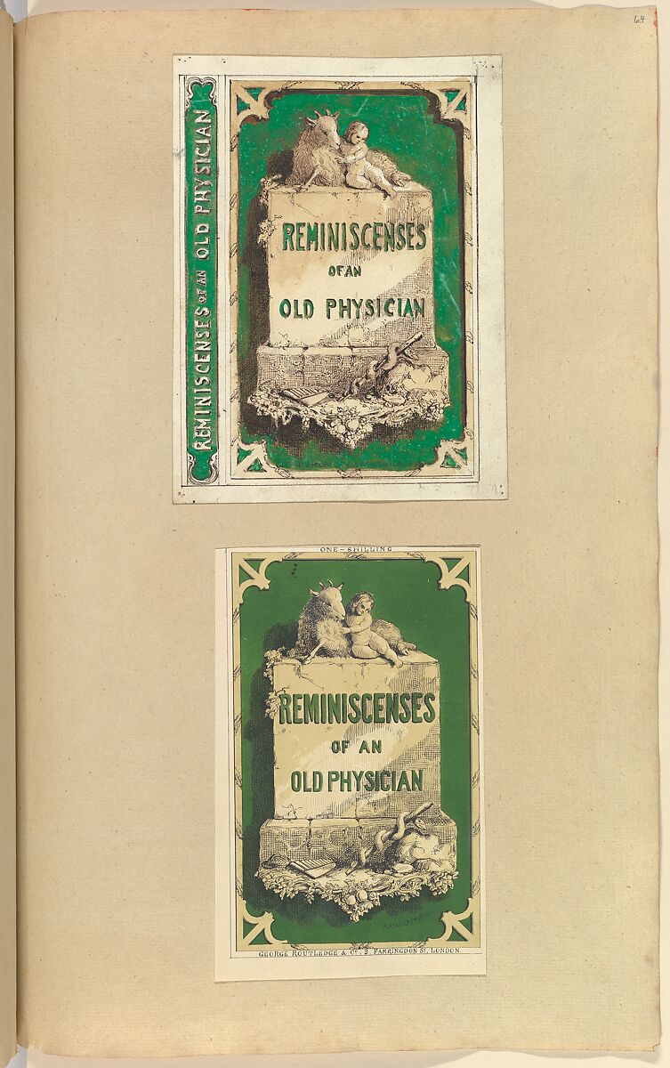 Design and Proof for Bookcover, Reminiscenses of an Old Physician, Alfred Henry Forrester [Alfred Crowquill] (British, London 1804–1872 London), Sheet one: pen and ink, gouache (bodycolor)
Sheet two: color ithograpy 