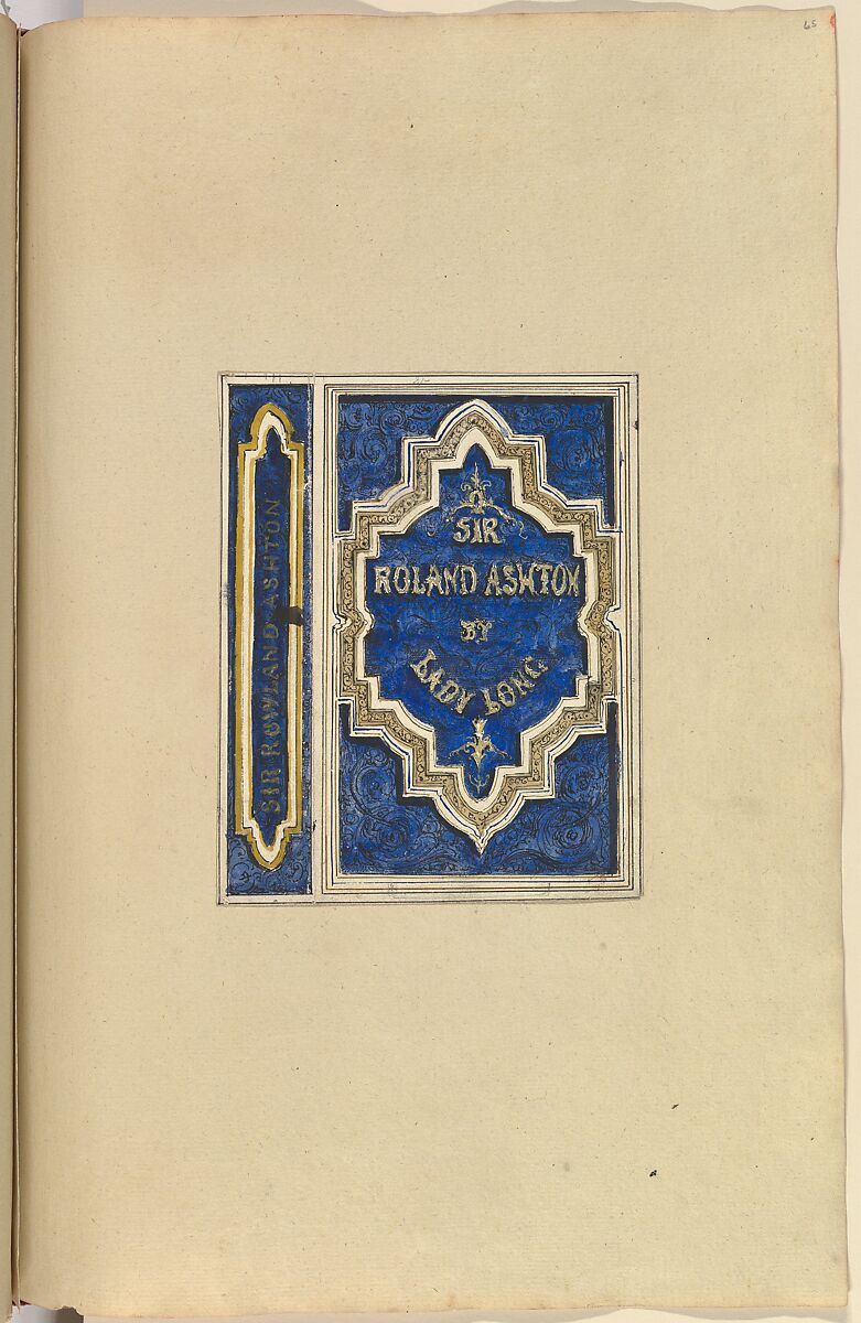 Design for Bookcover, Sir Roland Ashton, by Lady Long, Alfred Henry Forrester [Alfred Crowquill] (British, London 1804–1872 London), Pen and ink, watercolor 