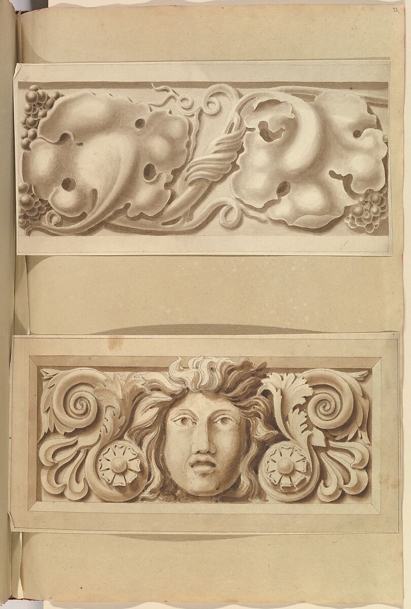 Two Carved Stone Ornamental Panels, Alfred Henry Forrester [Alfred Crowquill] (British, London 1804–1872 London), Pen and ink, brush and wash 