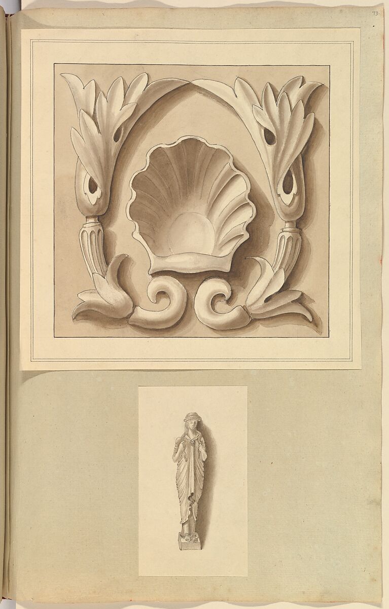 Carved Stone Ornamental Panel and Classical Female Figure, Alfred Henry Forrester [Alfred Crowquill] (British, London 1804–1872 London), Pen and ink, brush and wash 