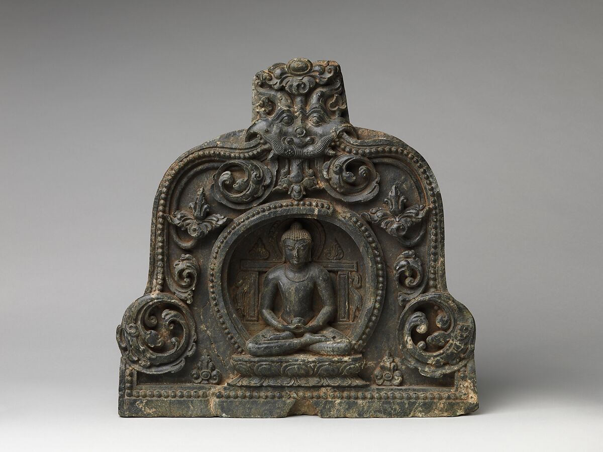 Meditating Buddha with Alms Bowl Enthroned in a Foliated Niche, Stone, India (Bihar) 