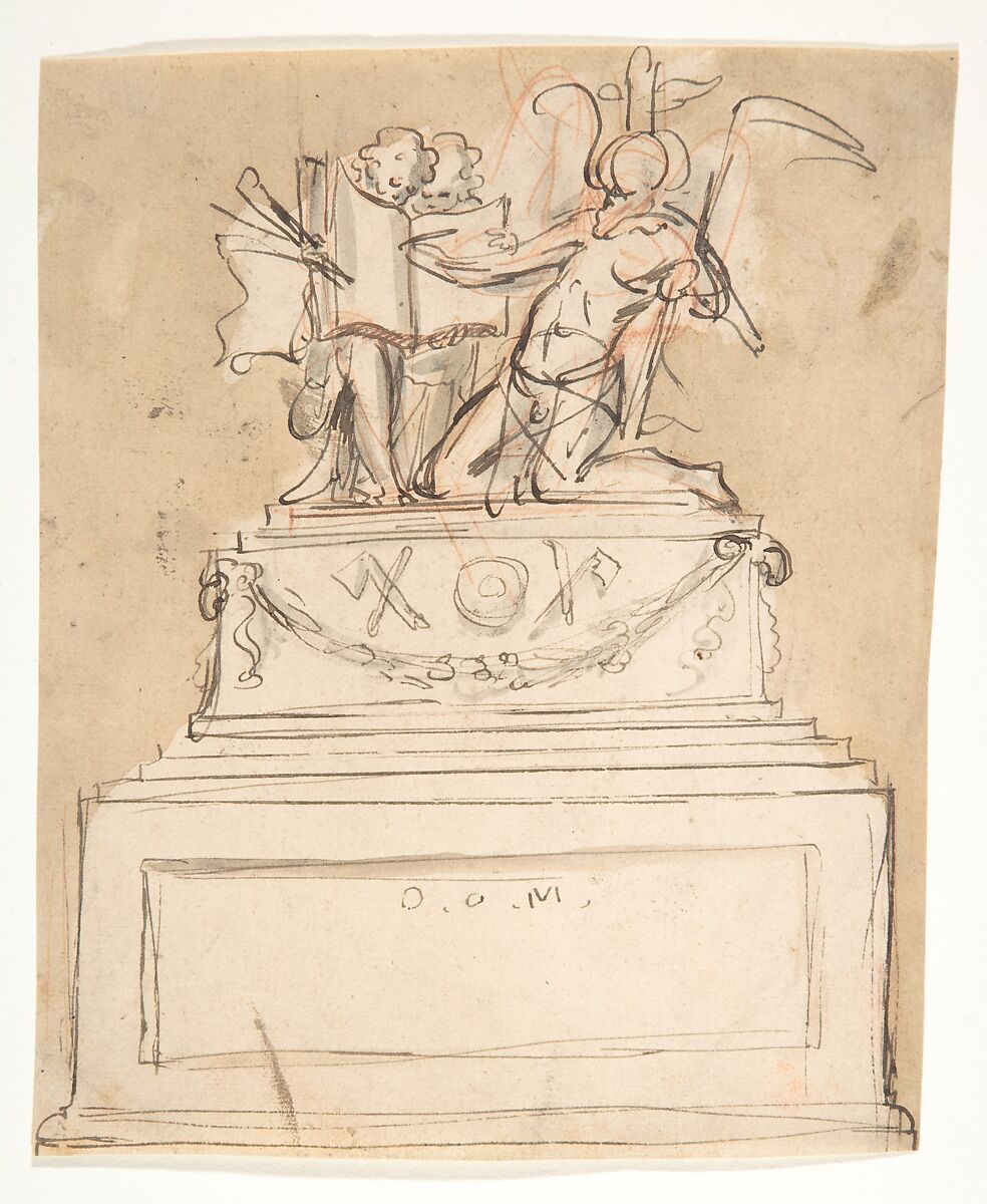 Design for a tomb, Pieter Verbruggen the Younger (Flemish, Antwerp 1648–1691 Antwerp), Pen and brown ink, over red chalk, brown and gray wash 