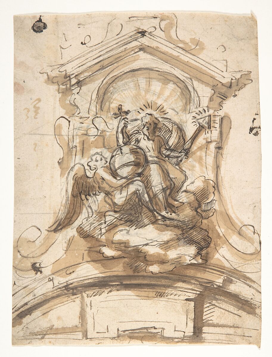 Design for a sculptural group with God the Father in a niche, Pieter Verbruggen the Younger (Flemish, Antwerp 1648–1691 Antwerp), Pen and brown ink, brown wash, over black chalk or graphite 