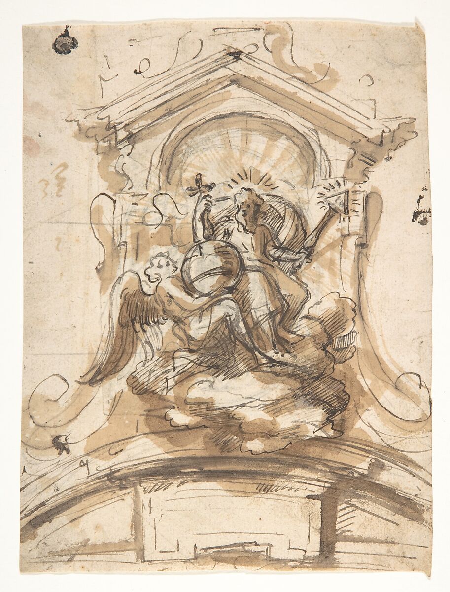 Design for a sculptural group with God the Father in a niche, Pieter Verbruggen the Younger (Flemish, Antwerp 1648–1691 Antwerp), Pen and brown ink, brush and brown wash, over black chalk or graphite 