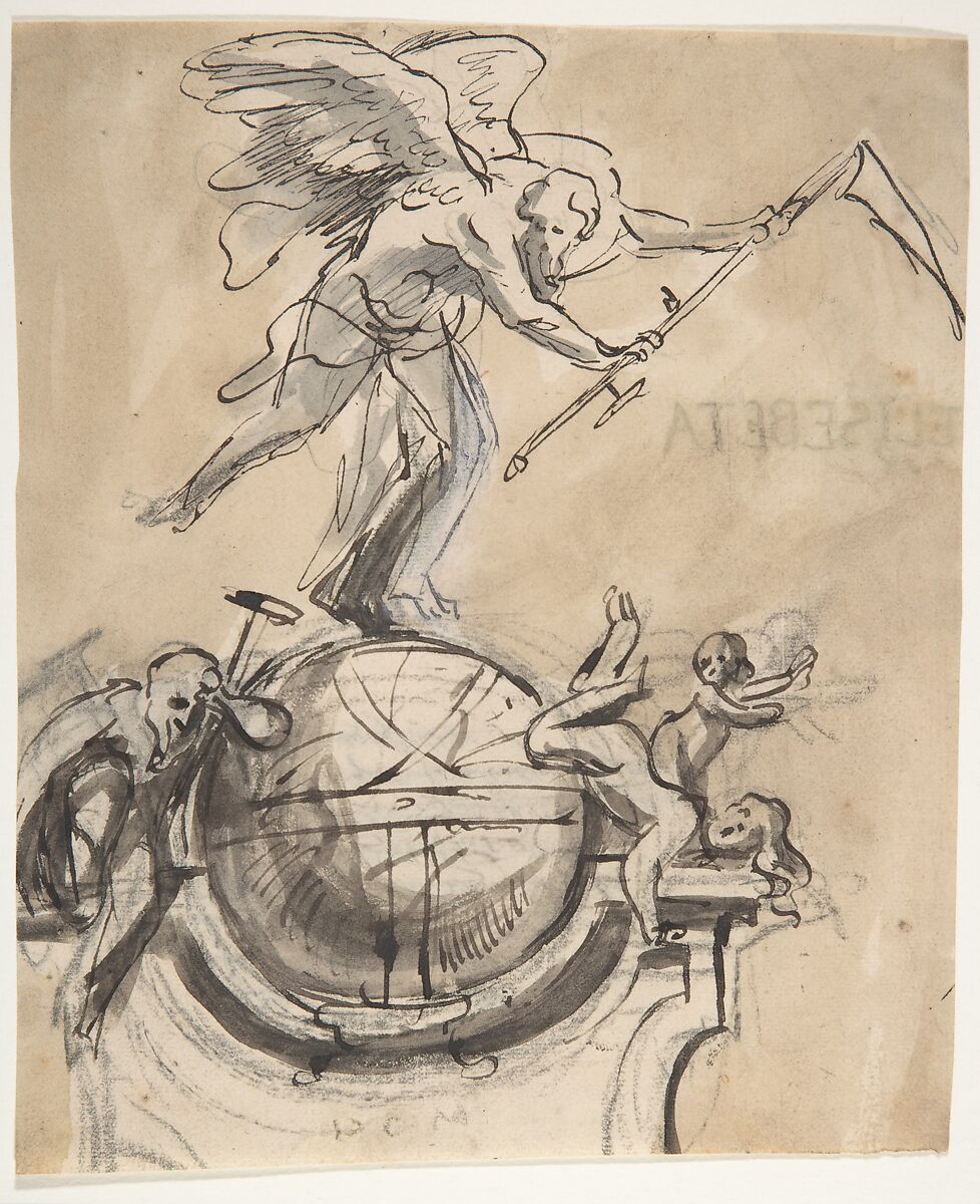 Design for a sepulchral monument with an allegory of Time, Pieter Verbruggen the Younger (Flemish, Antwerp 1648–1691 Antwerp), Pen and brown ink, brown wash, over black chalk 