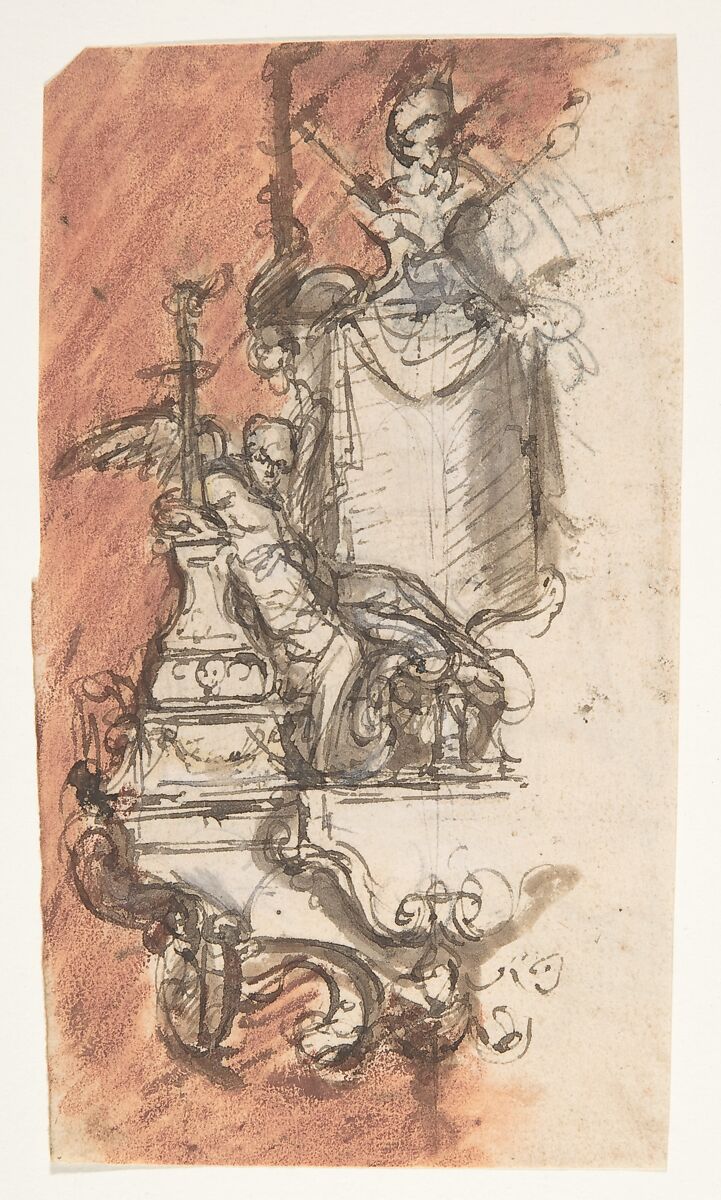 Design for a sepulchral monument with a portrait bust; verso: Design for a reliquary (?), Pieter Verbruggen the Younger (Flemish, Antwerp 1648–1691 Antwerp), Pen and brown ink, red chalk, brown and red wash, over black chalk or graphite; verso: black chalk or graphite 