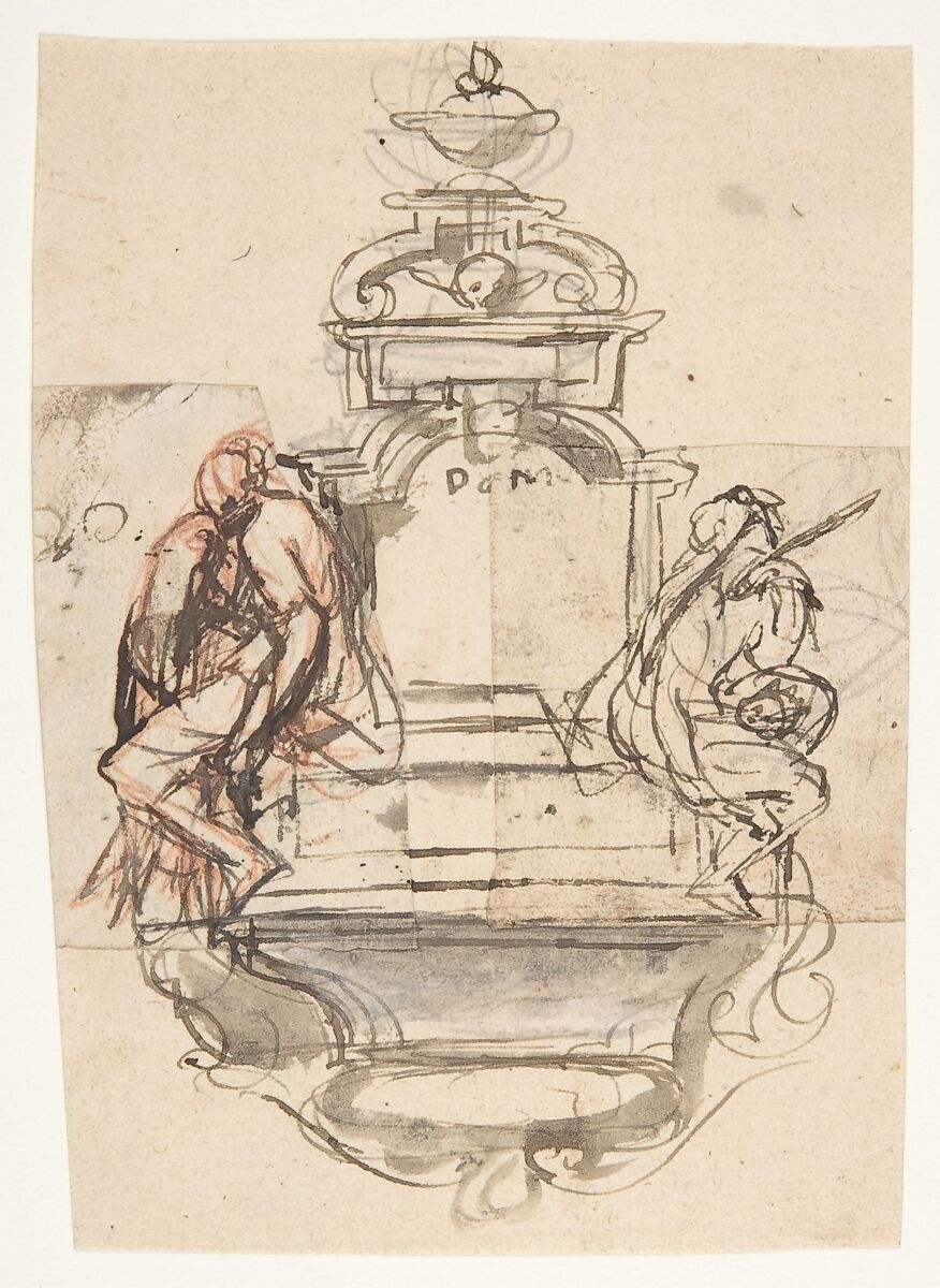 Design for a sepulchral monument with two figures, Pieter Verbruggen the Younger (Flemish, Antwerp 1648–1691 Antwerp), Pen and brown ink, over red and black chalk or graphite, brown-gray wash 