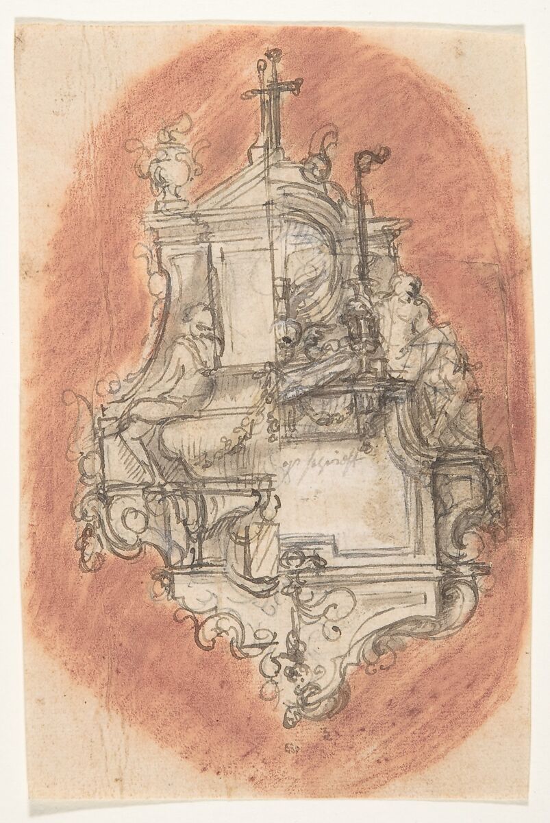 Design for a sepulchral monument; verso: Design for a sepulchral monument, Pieter Verbruggen the Younger (Flemish, Antwerp 1648–1691 Antwerp), Pen and brown ink, over black chalk or graphite, red chalk and wash; verso: black chalk or graphite, red chalk 