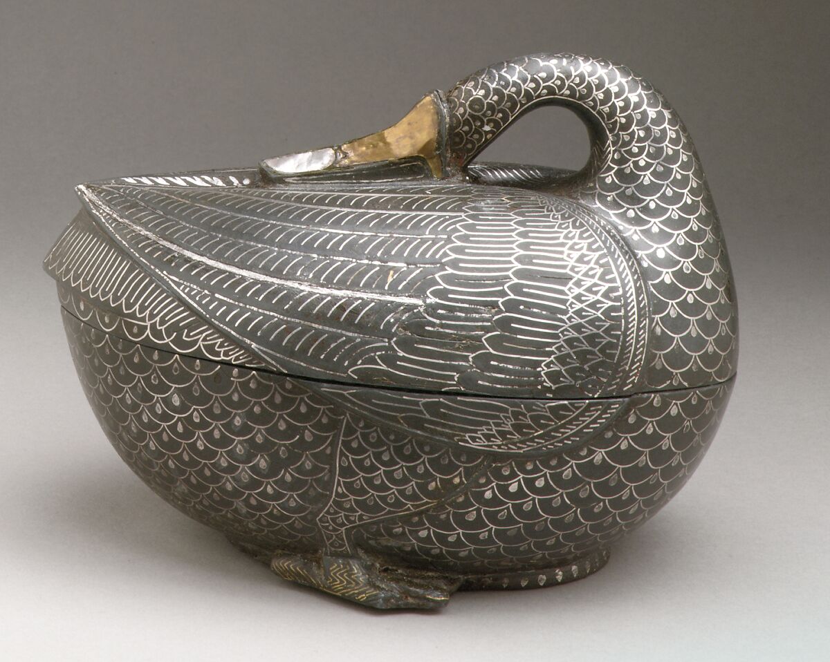 Pan Box in the Shape of a Duck, Bidri (zinc alloy with inlay of brass and silver), India (Deccan) 