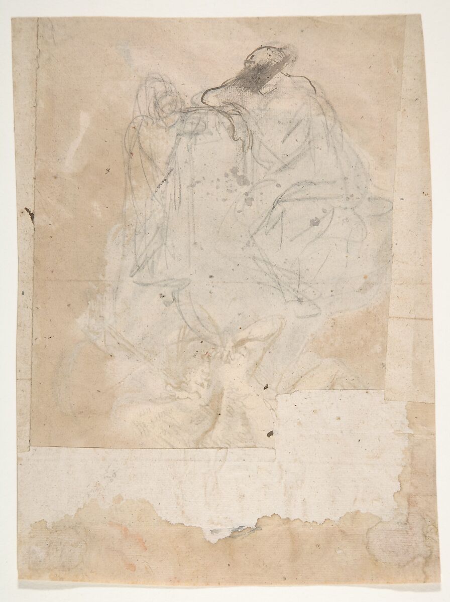 Design for a sepulchral monument with an allegory of Time (recto); Design for a sepulchral monument (verso), Pieter Verbruggen the Younger (Flemish, Antwerp 1648–1691 Antwerp), Pen and brown ink, over red chalk and black chalk or graphite, red and brown brownish gray wash (recto); pen and brown ink, over black chalk or graphite (verso)