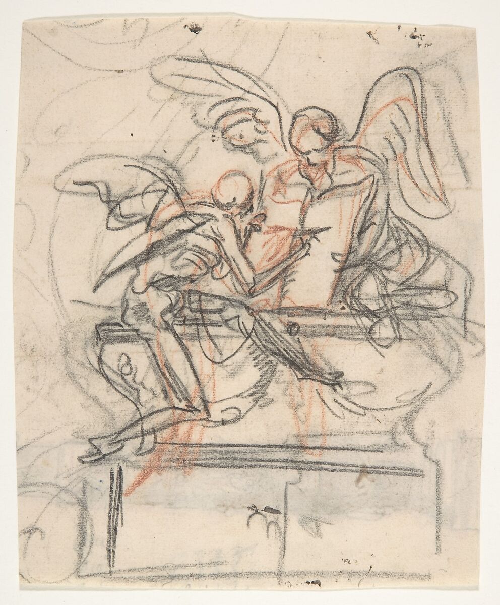 Design for a sepulchral monument with an allegory of Time; verso: Design for a column, Pieter Verbruggen the Younger (Flemish, Antwerp 1648–1691 Antwerp), Black and red chalk, red and brown wash; verso: pen and brown ink, over red chalk, black chalk 