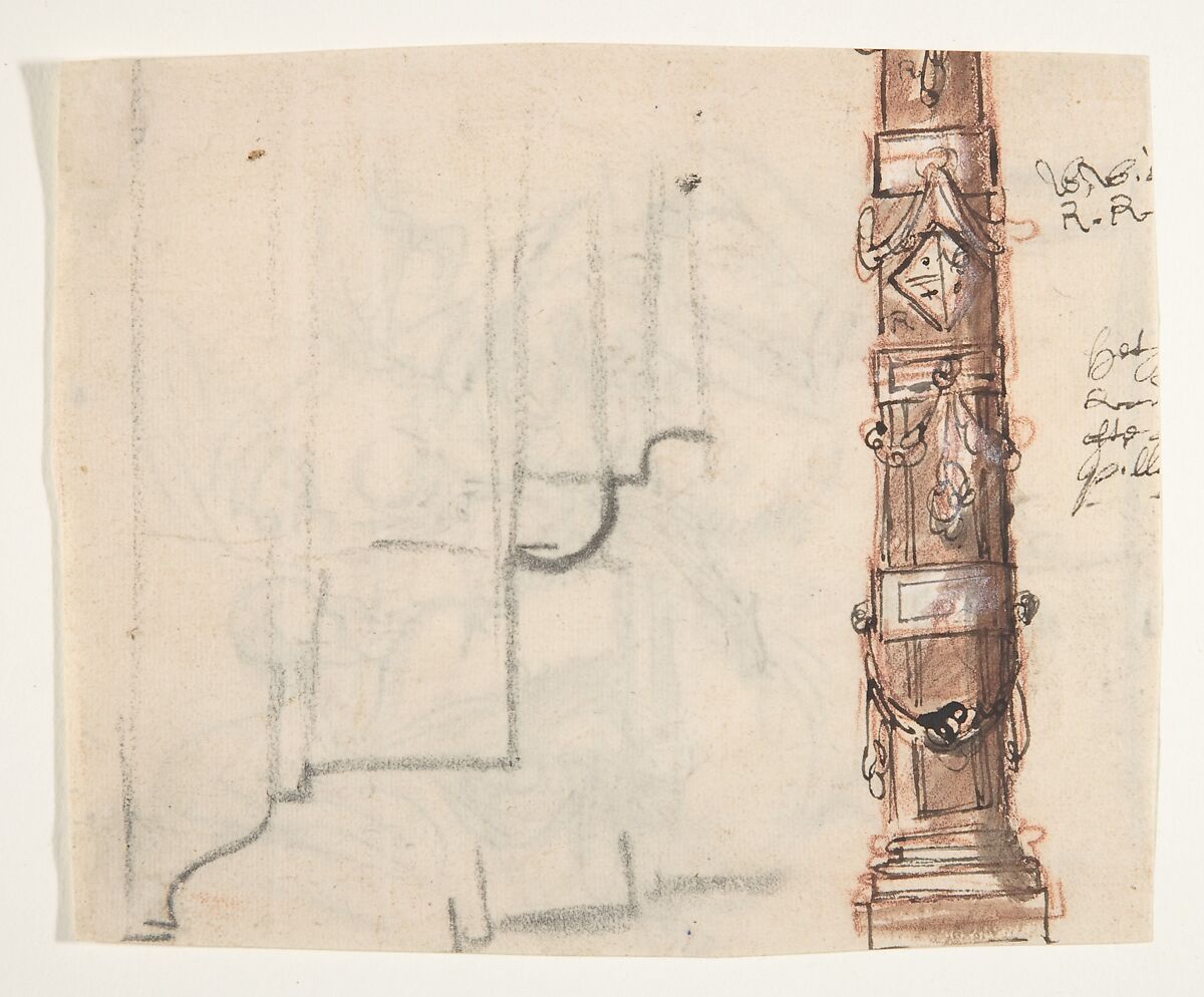 Design for a sepulchral monument with an allegory of Time (recto); Design for a column (verso), Pieter Verbruggen the Younger (Flemish, Antwerp 1648–1691 Antwerp), Black and red chalk, red and brown wash (recto); pen and brown ink, over red chalk, black chalk (verso)