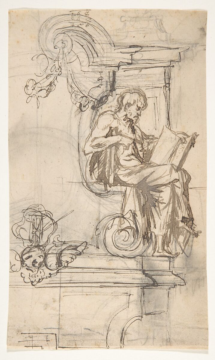 Design for a sepulchral monument with a seated prophet or philosopher; verso: Sketches, Pieter Verbruggen the Younger (Flemish, Antwerp 1648–1691 Antwerp), Pen and brown ink, over black chalk; verso: black chalk 