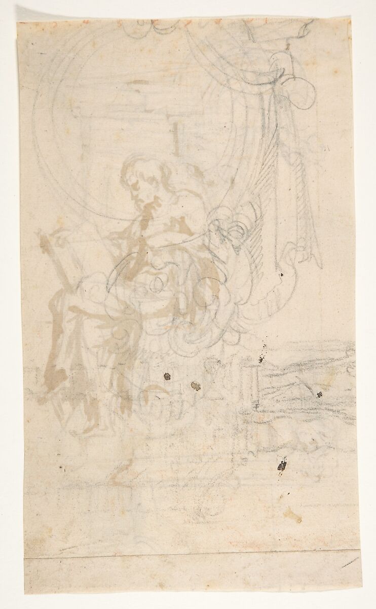 Design for a sepulchral monument with a seated prophet or philosopher (recto); Sketches (verso), Pieter Verbruggen the Younger (Flemish, Antwerp 1648–1691 Antwerp), Pen and brown ink, over black chalk (recto); black chalk (verso)
