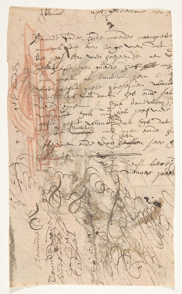 Design for a sepulchral monument with an allegory of Time (recto); Architectural sketch and fragment of a letter (verso), Pieter Verbruggen the Younger (Flemish, Antwerp 1648–1691 Antwerp), Pen and brown ink, red chalk, over black chalk or graphite, brown wash (recto); red chalk (verso)