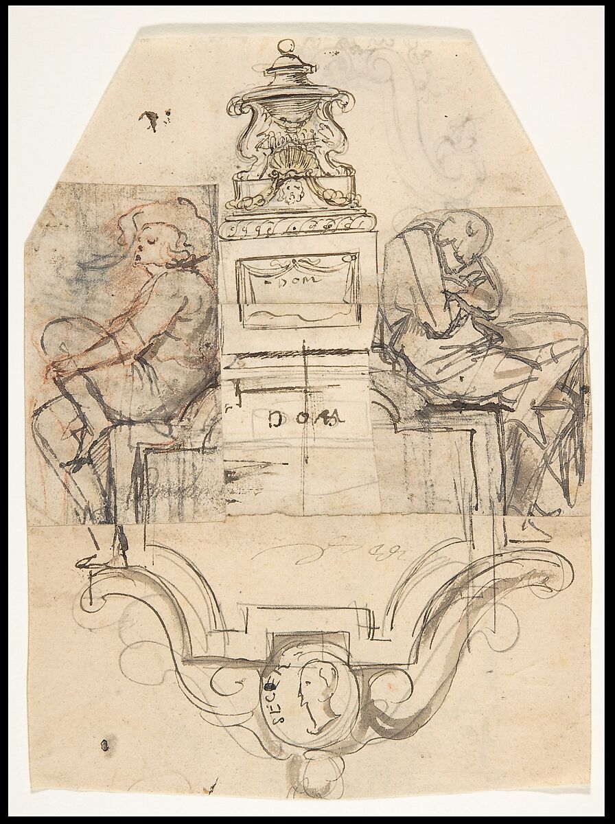 Design for a sepulchral monument; verso: Design for a monument, Pieter Verbruggen the Younger (Flemish, Antwerp 1648–1691 Antwerp), Pen and brown ink, over red chalk and black chalk or graphite, brown and brownish yellow wash; verso: pen and brown ink, black chalk 