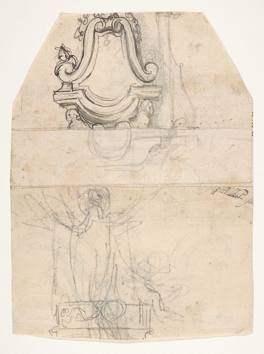 Design for a sepulchral monument (recto); Design for a monument (verso), Pieter Verbruggen the Younger (Flemish, Antwerp 1648–1691 Antwerp), Pen and brown ink, over red chalk and black chalk or graphite, brown and brownish yellow wash (recto); pen and brown ink, black chalk (verso)