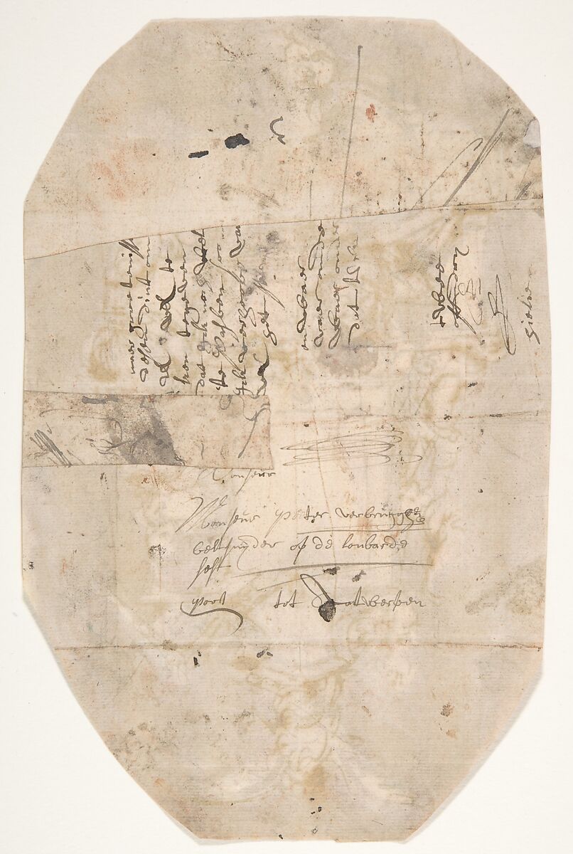 Design for a sepulchral monument (recto); Fragment of a letter and notes (verso), Pieter Verbruggen the Younger (Flemish, Antwerp 1648–1691 Antwerp), Pen and brown ink, over red chalk and black chalk or graphite, red and brown wash