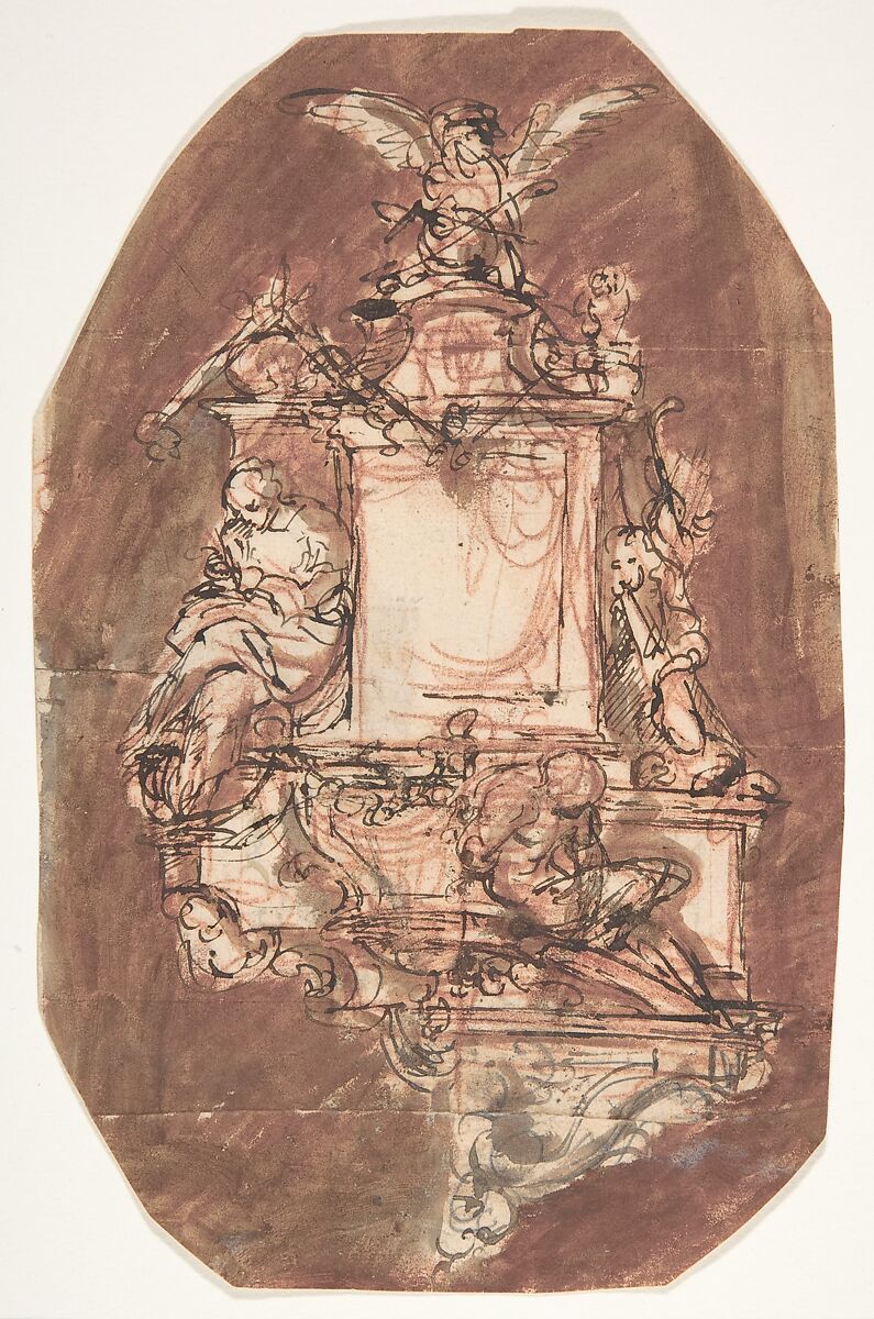 Design for a sepulchral monument; verso: Fragment of a letter and notes, Pieter Verbruggen the Younger (Flemish, Antwerp 1648–1691 Antwerp), Pen and brown ink, over red chalk and black chalk or graphite, red and brown wash 