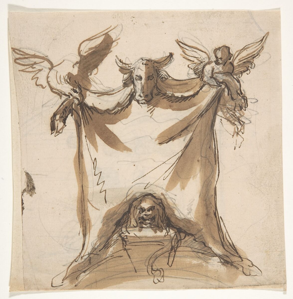 Design for a monument; verso: Architectural sketches, Pieter Verbruggen the Younger (Flemish, Antwerp 1648–1691 Antwerp), Pen and brown ink, brown wash, over black chalk or graphite; verso: black chalk or graphite, locally strengthened with pen and brown ink 