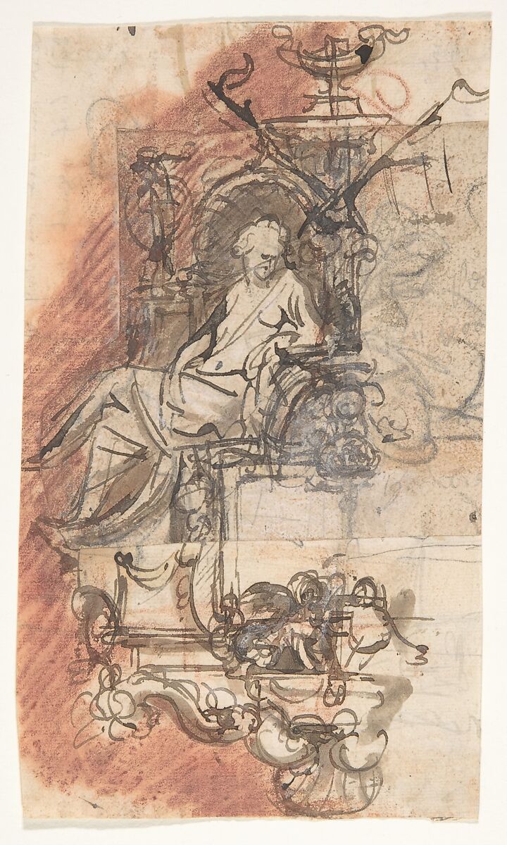 Design for a sepulchral monument with a seated female figure; verso: Design for a statue of a standing male figure and fragment of a letter, Pieter Verbruggen the Younger (Flemish, Antwerp 1648–1691 Antwerp), Pen and brown ink, over red chalk and black chalk or graphite, red and brown wash, some white gouache (?); verso: pen and brown ink, over black chalk or graphite 