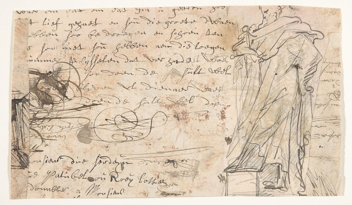 Design for a sepulchral monument with a seated female figure (recto); Design for a statue of a standing male figure and fragment of a letter (verso), Pieter Verbruggen the Younger (Flemish, Antwerp 1648–1691 Antwerp), Pen and brown ink, over red chalk and black chalk or graphite, red and brown wash, some white gouache (?) (recto); pen and brown ink, over black chalk or graphite (verso)