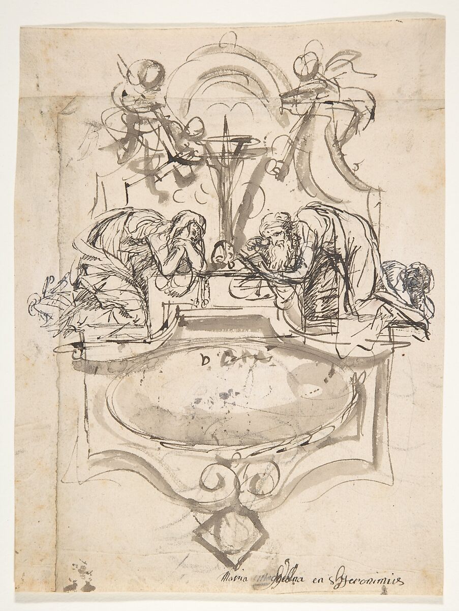 Design for a sepulchral monument with Mary Magdalen and Saint Jerome; verso: Sketch (counterproof) and writing exercises, Pieter Verbruggen the Younger (Flemish, Antwerp 1648–1691 Antwerp), Pen and dark brown ink, over black chalk or graphite, gray-brown wash; verso: counterproof of a red chalk drawing 