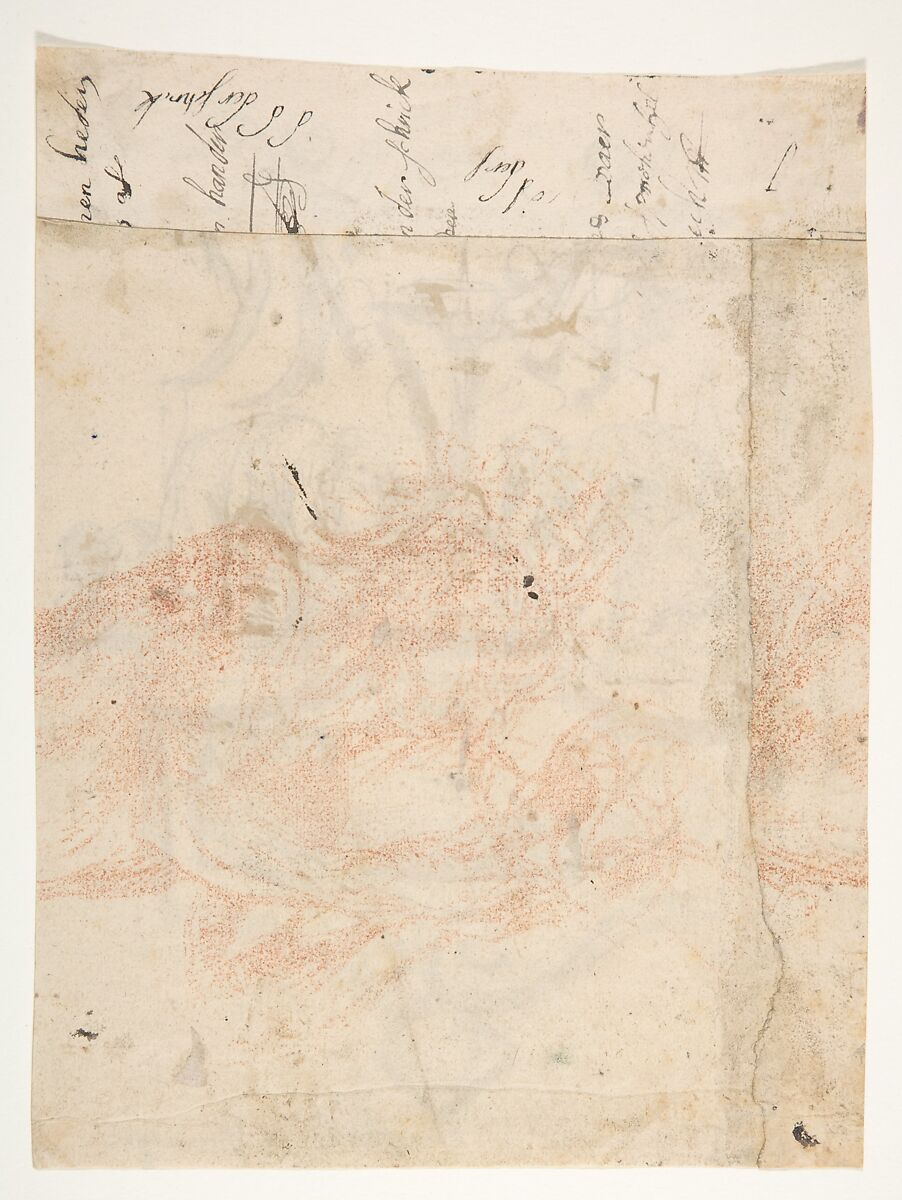 Design for a sepulchral monument with Mary Magdalen and Saint Jerome (recto); Sketch (counterproof) and writing exercises (verso), Pieter Verbruggen the Younger (Flemish, Antwerp 1648–1691 Antwerp), Pen and brown ink (recto); pen and brown ink, counterproof of a red chalk drawing (verso)
