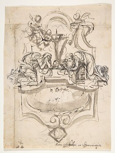 Design for a sepulchral monument with Mary Magdalen and Saint Jerome; verso: Sketch (counterproof) and writing exercises