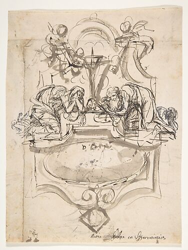 Design for a sepulchral monument with Mary Magdalen and Saint Jerome (recto); Sketch (counterproof) and writing exercises (verso)