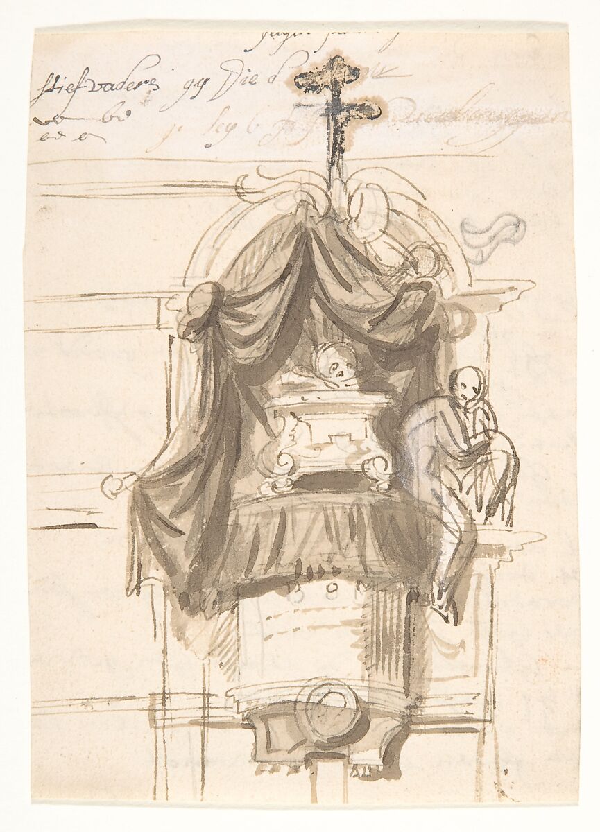 Design for a sepulchral monument in the form of a pulpit; verso: Fragment of a text, Pieter Verbruggen the Younger (Flemish, Antwerp 1648–1691 Antwerp), Pen and brown ink, brush and brown wash, over black chalk or graphite 