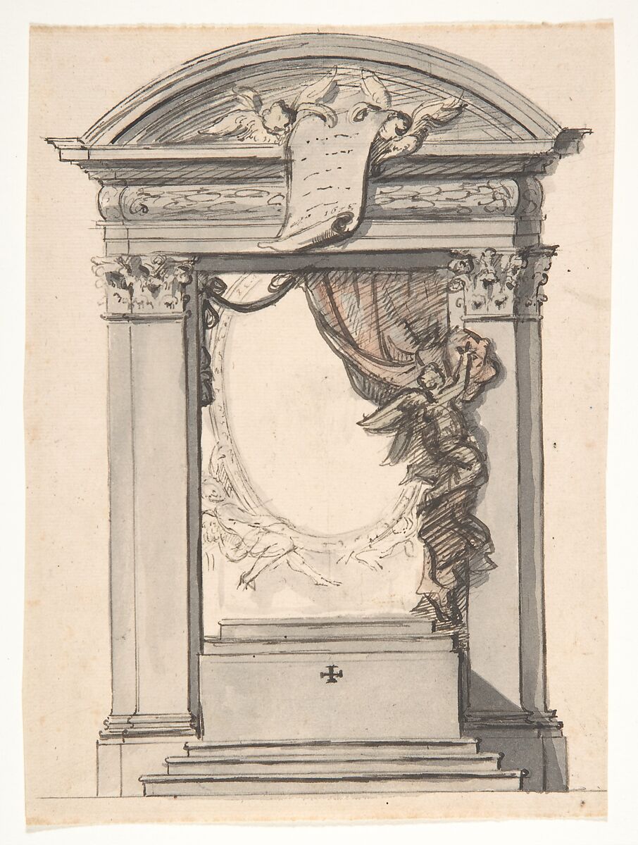 Design for an altar, Hendrik-Frans Verbruggen (Flemish, Antwerp 1654–1724 Antwerp), Pen and black ink, gray and red wash, over black chalk or graphite 