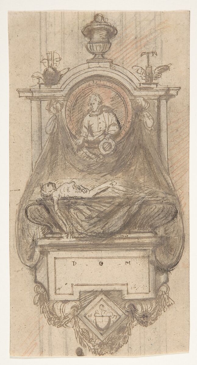 Design for a sepulchral monument with a portrait bust, Hendrik-Frans Verbruggen (Flemish, Antwerp 1654–1724 Antwerp), Pen and brown ink, red and brown wash, red chalk, over black chalk or graphite 