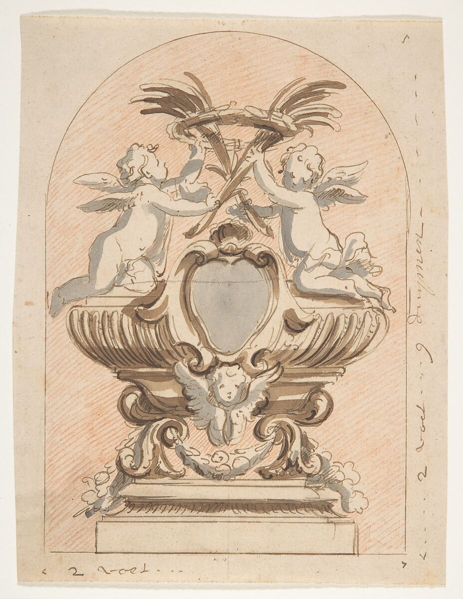 Design for a reliquary, Attributed to Pieter Verbruggen the Younger (Flemish, Antwerp 1648–1691 Antwerp), Pen and brown ink, brown and gray wash, red chalk, over black chalk 