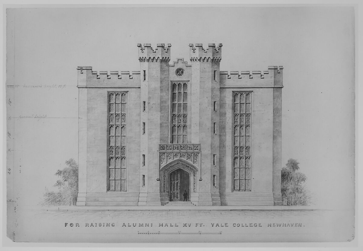 Proposal for Raising by 15 feet, Alumni Hall, Yale College, New Haven (elevation of facade), Alexander Jackson Davis (American, New York 1803–1892 West Orange, New Jersey), Pen and ink, wash, graphite 