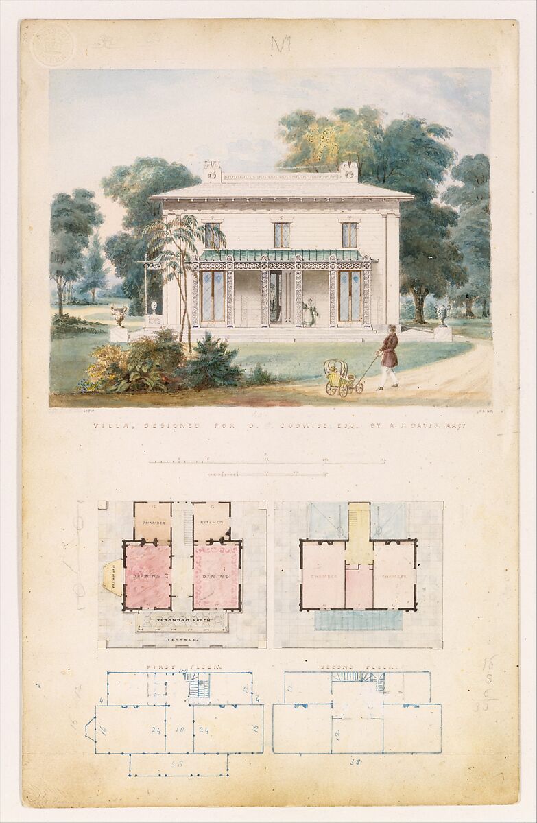 Villa for David Codwise, near New Rochelle, NY (project; elevation and four plans), Alexander Jackson Davis (American, New York 1803–1892 West Orange, New Jersey), Pen and ink, watercolor, graphite 