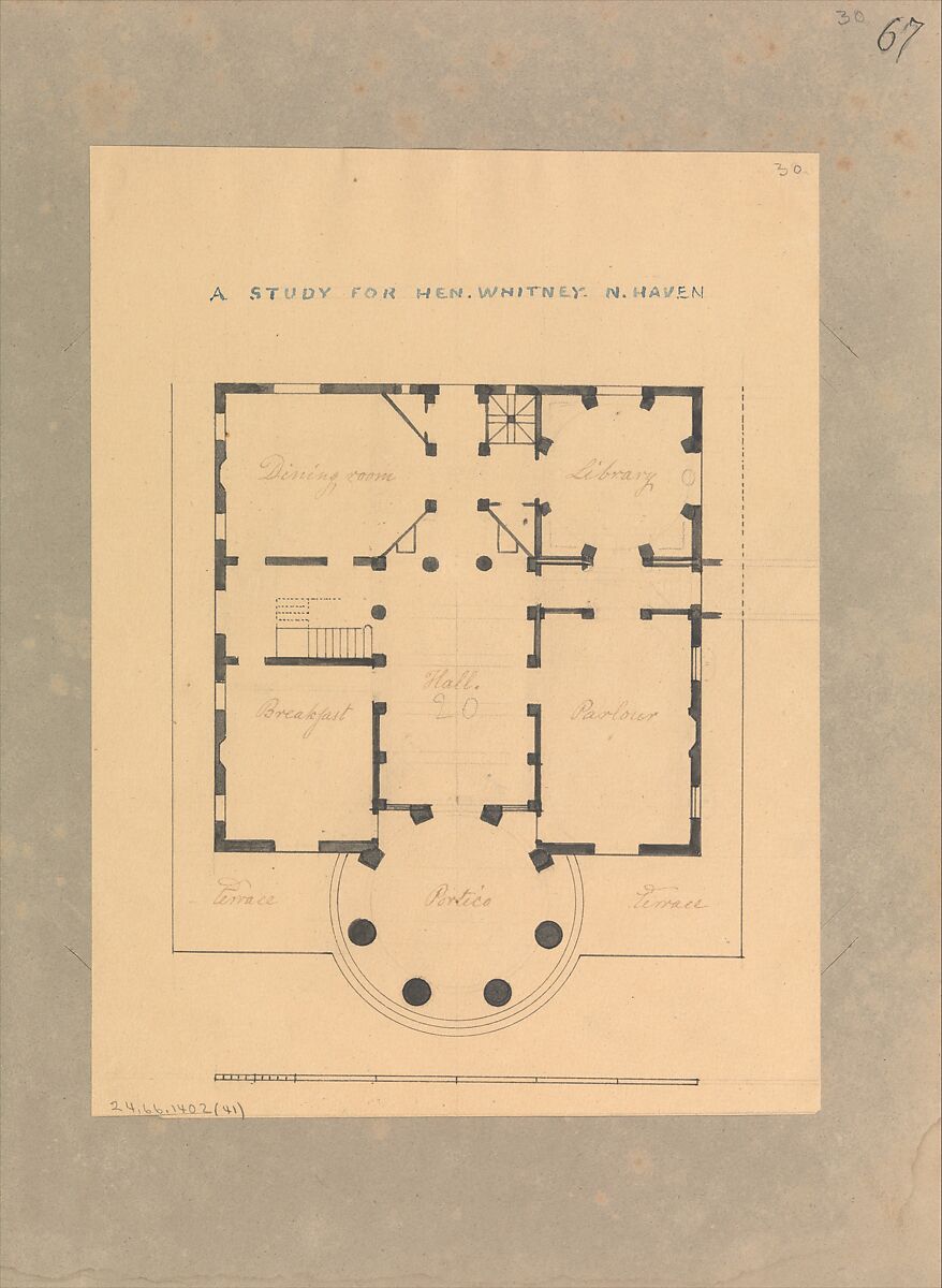 House for Henry Whitney, New Haven, Connecticut (plan), Alexander Jackson Davis (American, New York 1803–1892 West Orange, New Jersey), Pen and ink, wash, graphite 