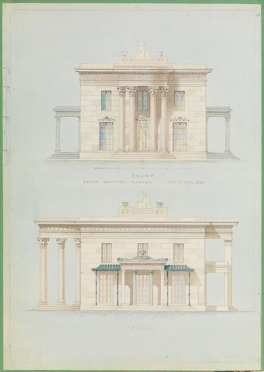 House for Henry Whitney, New Haven, Connecticut (front and side elevations), Alexander Jackson Davis (American, New York 1803–1892 West Orange, New Jersey), Pen and ink, watercolor, graphite 