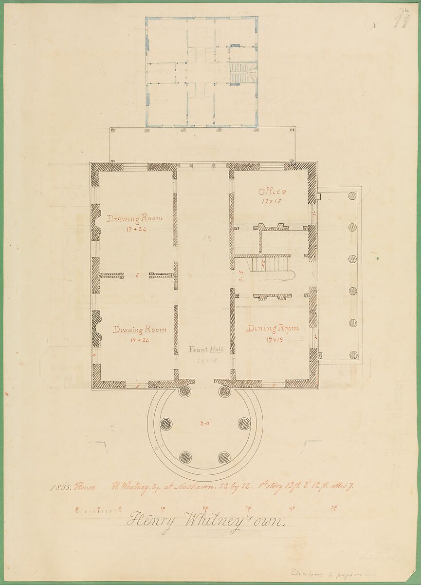 House for Henry Whitney, New Haven, Connecticut (client's plan), Alexander Jackson Davis (American, New York 1803–1892 West Orange, New Jersey), Pen and ink, watercolor, graphite 