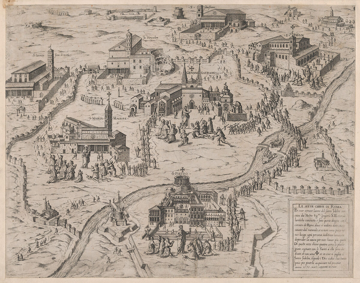 The Seven Churches of Rome (Le Sette Chiese di Roma), from "Speculum Romanae Magnificentiae", Attributed to Giovanni Ambrogio Brambilla (Italian, active Rome, 1575–99), Etching and engraving 