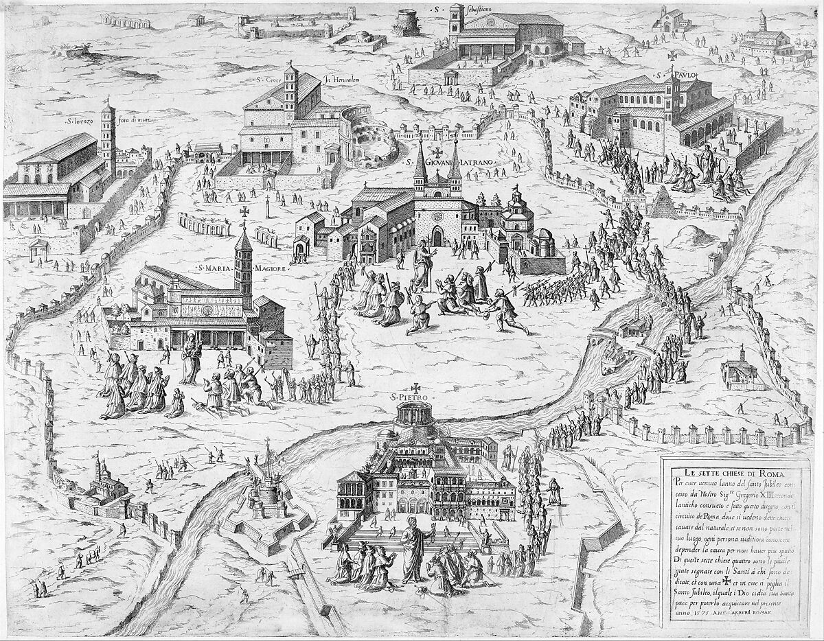 The Seven Churches of Rome (Le Sette Chiese di Roma), from "Speculum Romanae Magnificentiae", Attributed to Giovanni Ambrogio Brambilla (Italian, active Rome, 1575–99), Etching and engraving