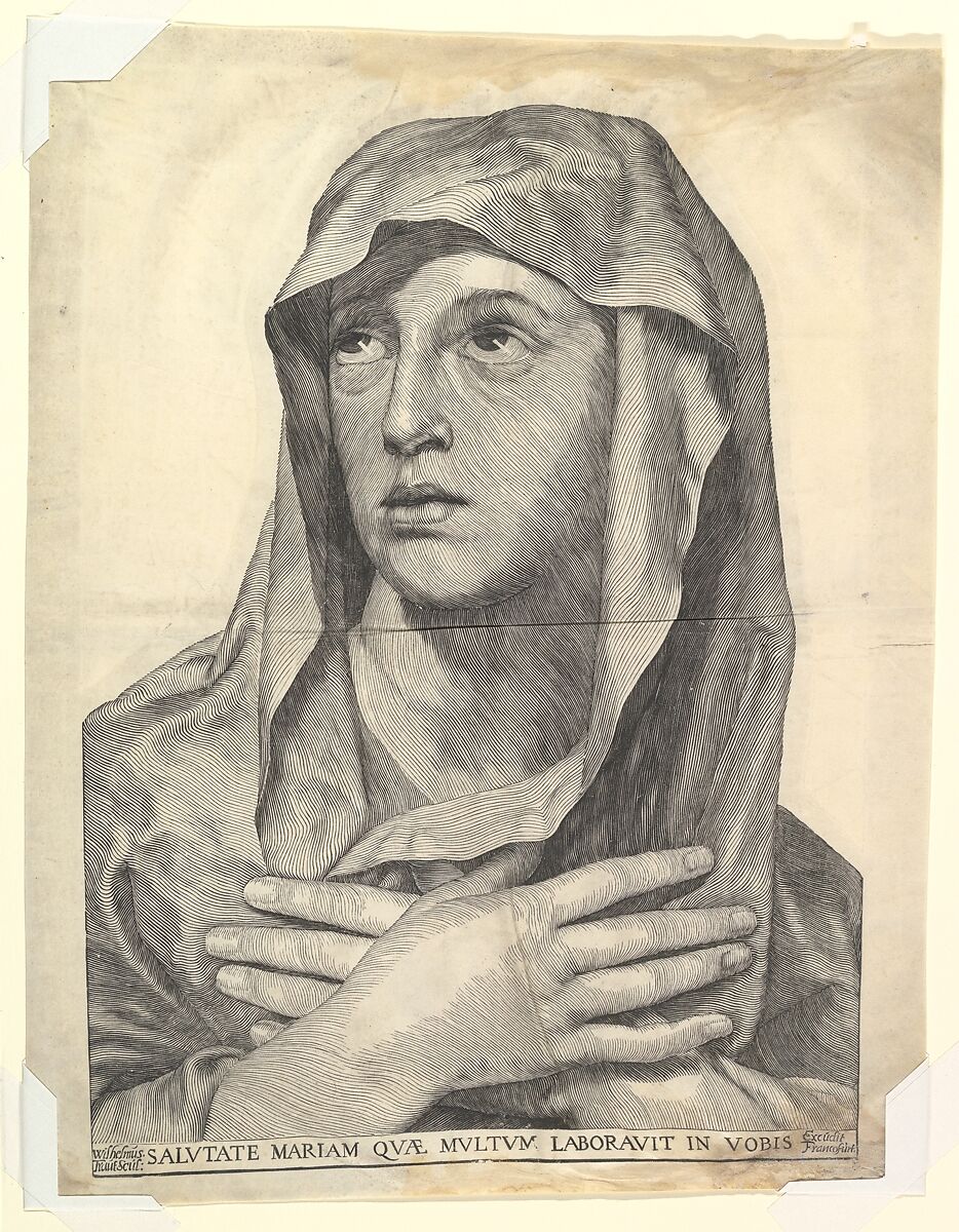 Bust of Mary with Crossed Hands, Wilhelm Traut (German, died 1662 Frankfurt), Woodcut on vellum 